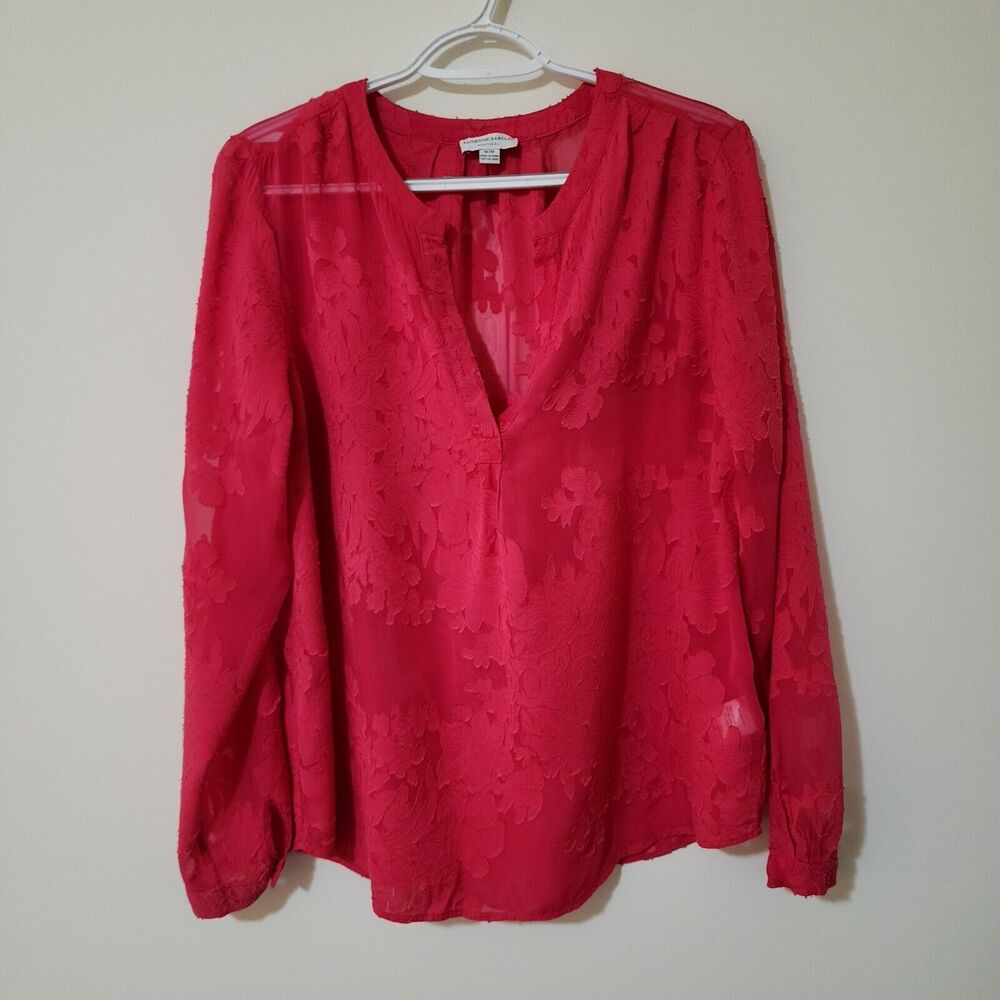 Katherine Barclay Montreal Womens Sheer Blouse Red Long Sleeve Split Neck Size M